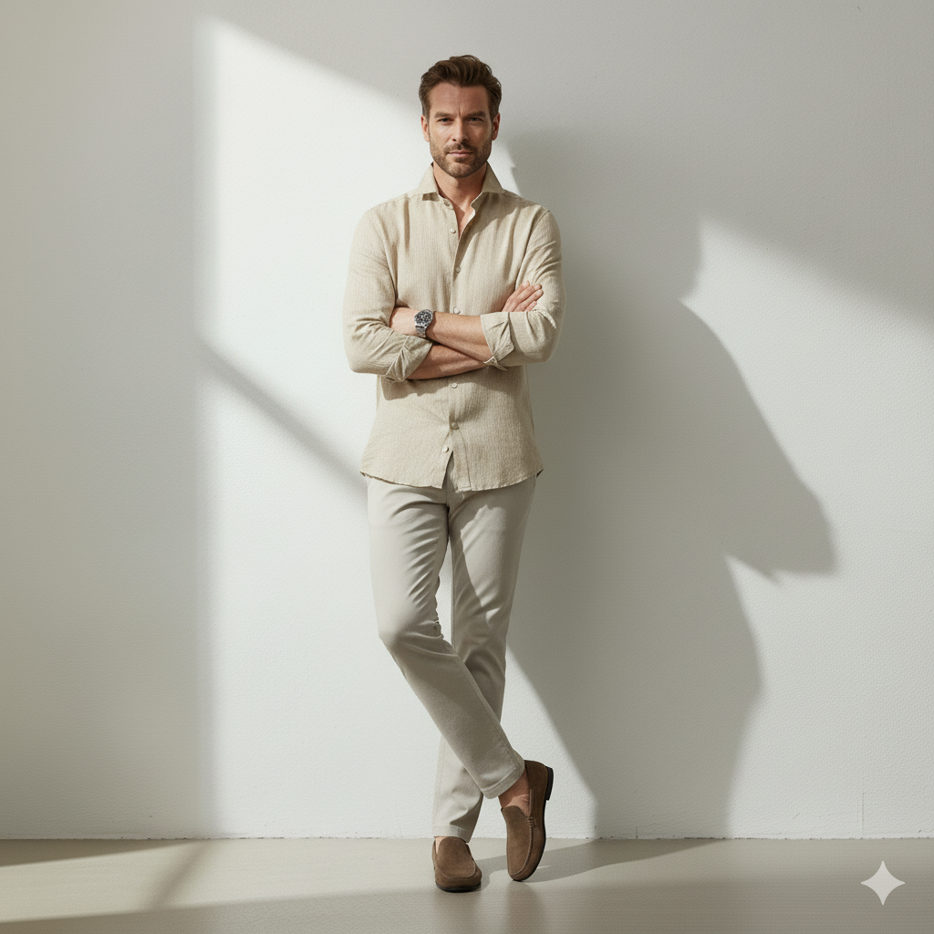 Linen Cutaway-Collar Shirt in Beige