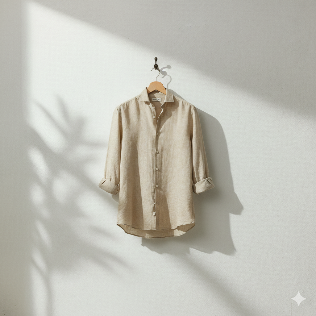 Linen Cutaway-Collar Shirt in Beige