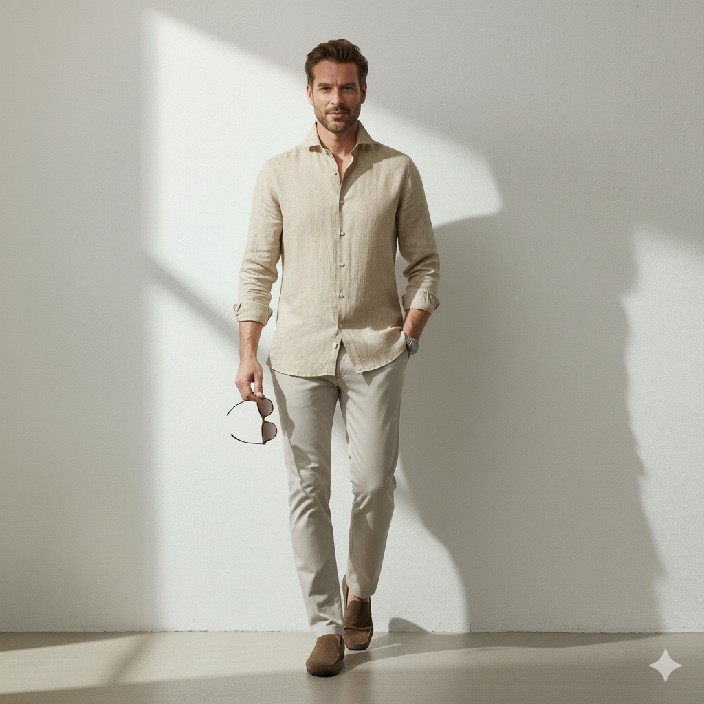 Linen Cutaway-Collar Shirt in Beige