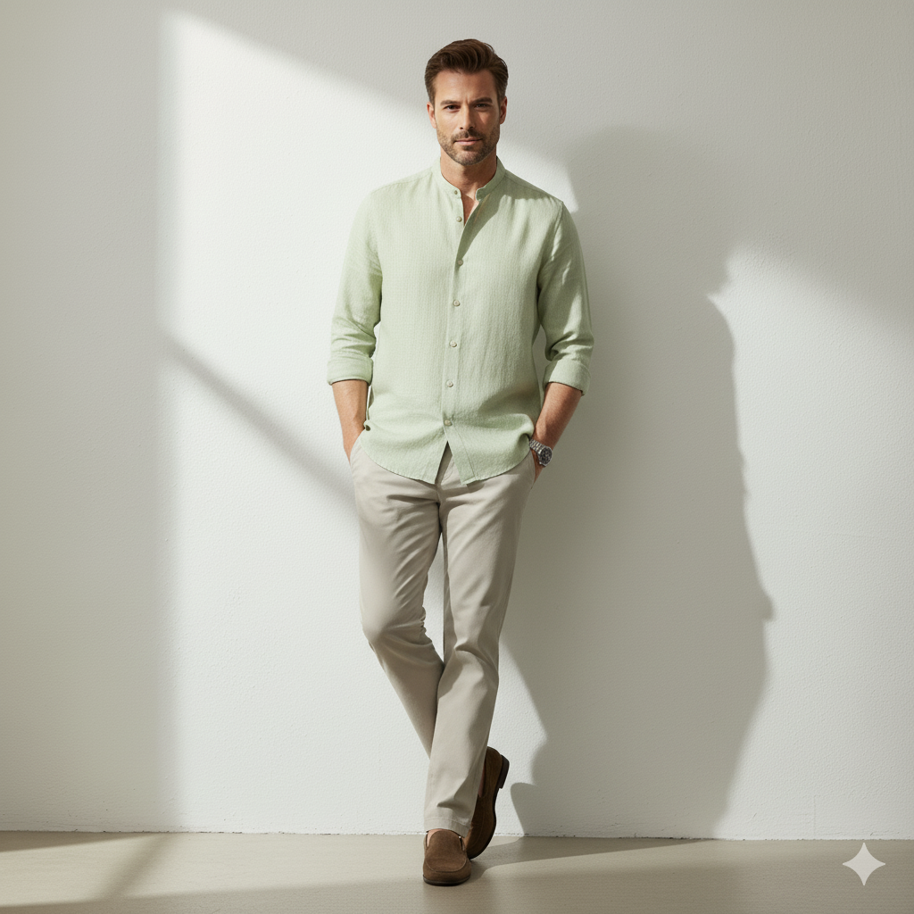 Pure Linen Mandrin Collar Shirt in Green