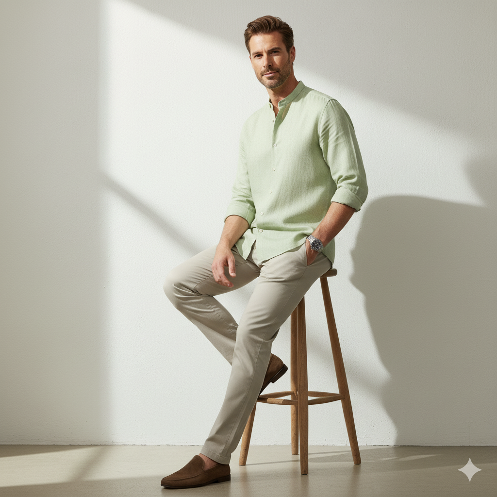 Pure Linen Mandrin Collar Shirt in Green