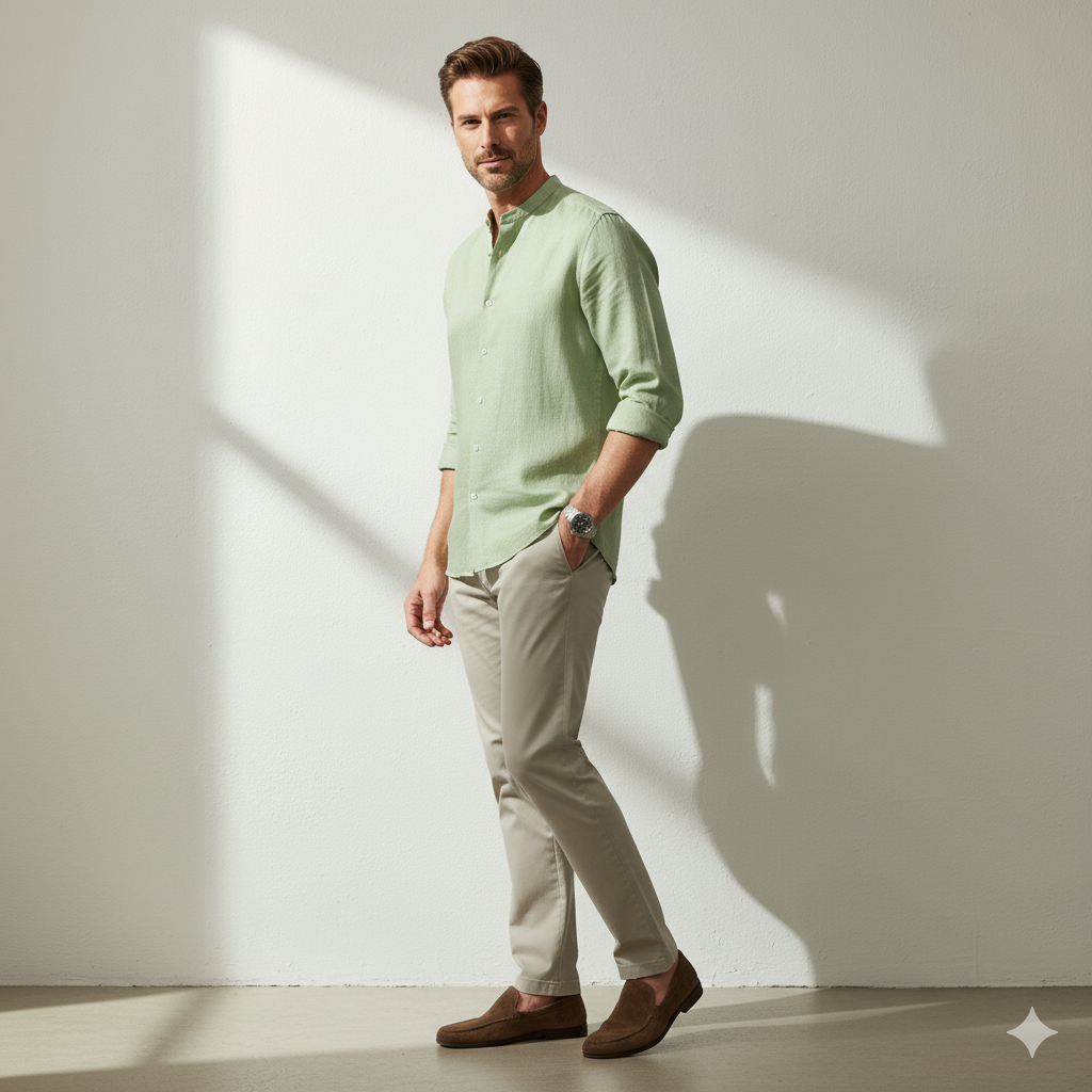 Pure Linen Mandrin Collar Shirt in Green