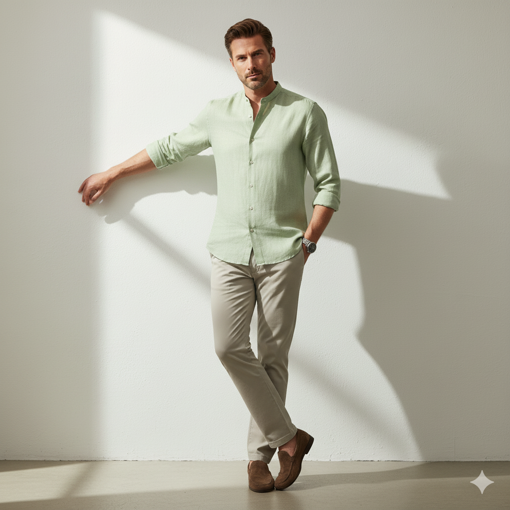 Pure Linen Mandrin Collar Shirt in Green