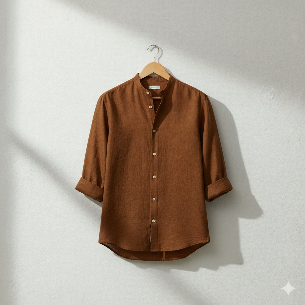 Pure Linen Mandrin Collar Shirt in Tobacco Brown