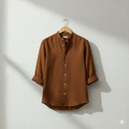 Pure Linen Mandrin Collar Shirt in Tobacco Brown