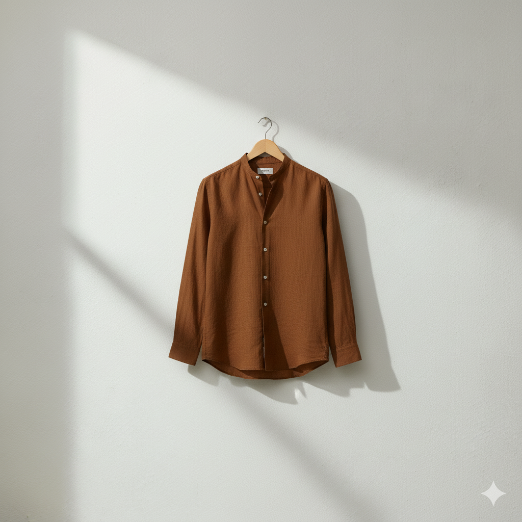 Pure Linen Mandrin Collar Shirt in Tobacco Brown
