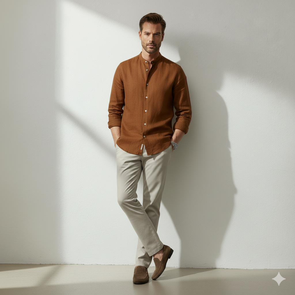 Pure Linen Mandrin Collar Shirt in Tobacco Brown