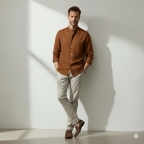 Pure Linen Mandrin Collar Shirt in Tobacco Brown