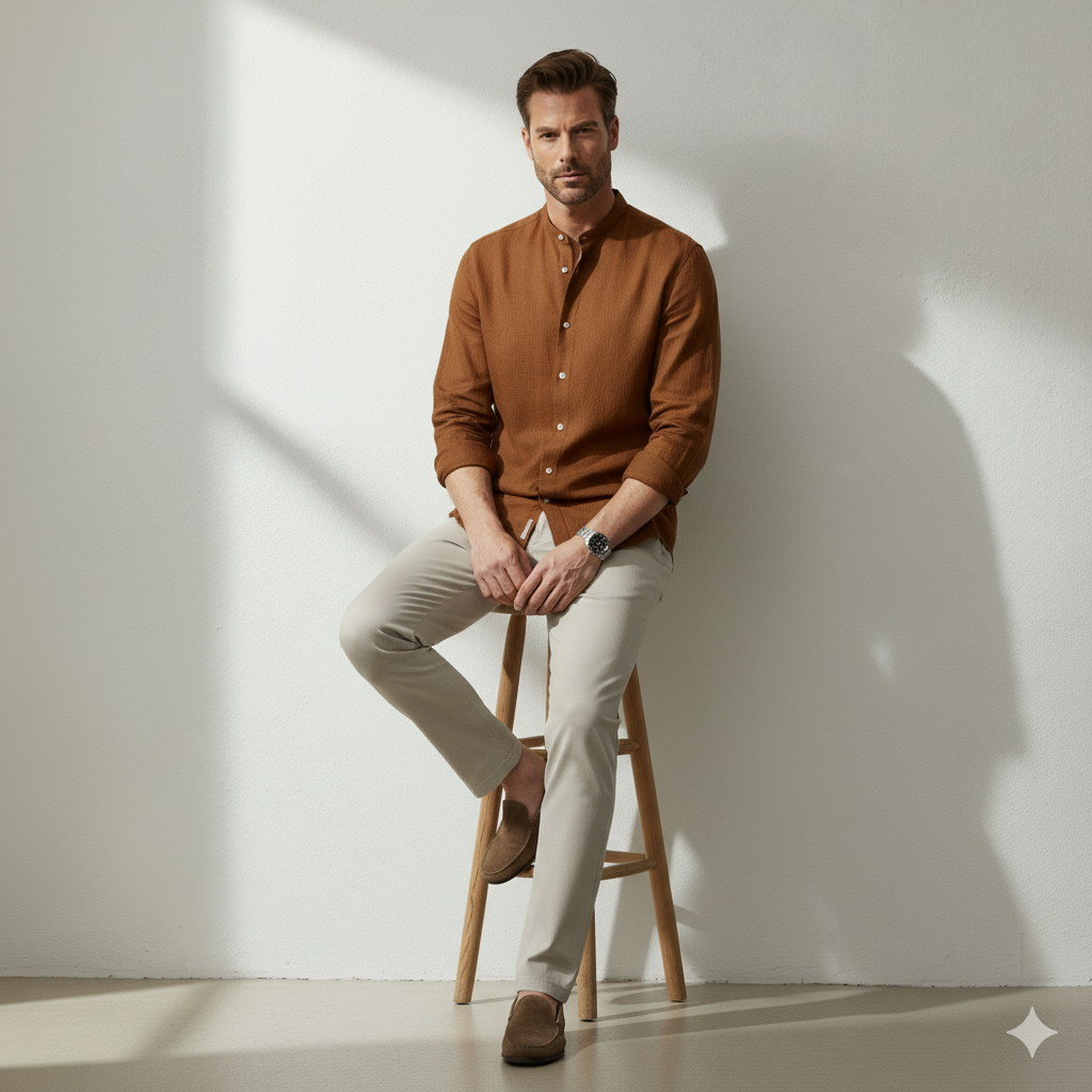 Pure Linen Mandrin Collar Shirt in Tobacco Brown