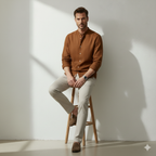 Pure Linen Mandrin Collar Shirt in Tobacco Brown