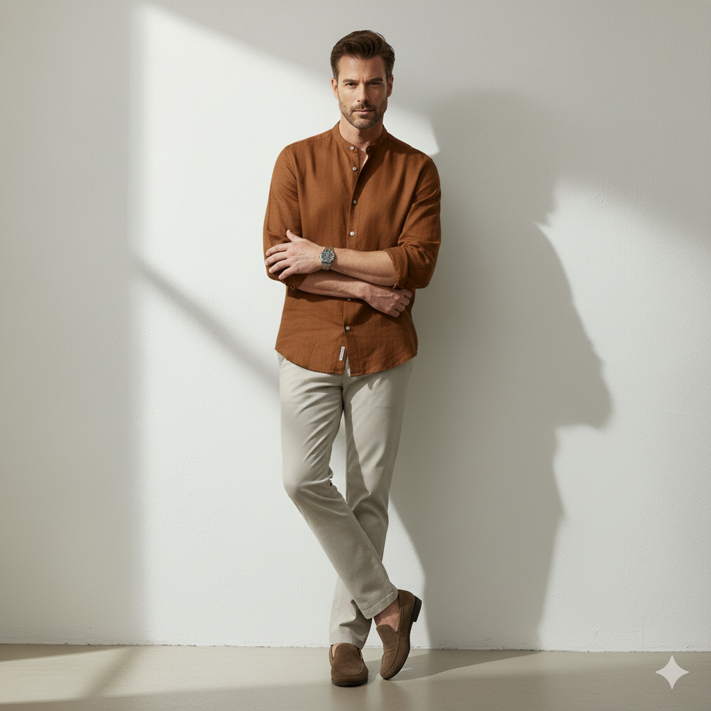 Pure Linen Mandrin Collar Shirt in Tobacco Brown