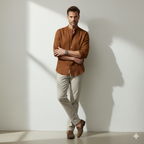 Pure Linen Mandrin Collar Shirt in Tobacco Brown