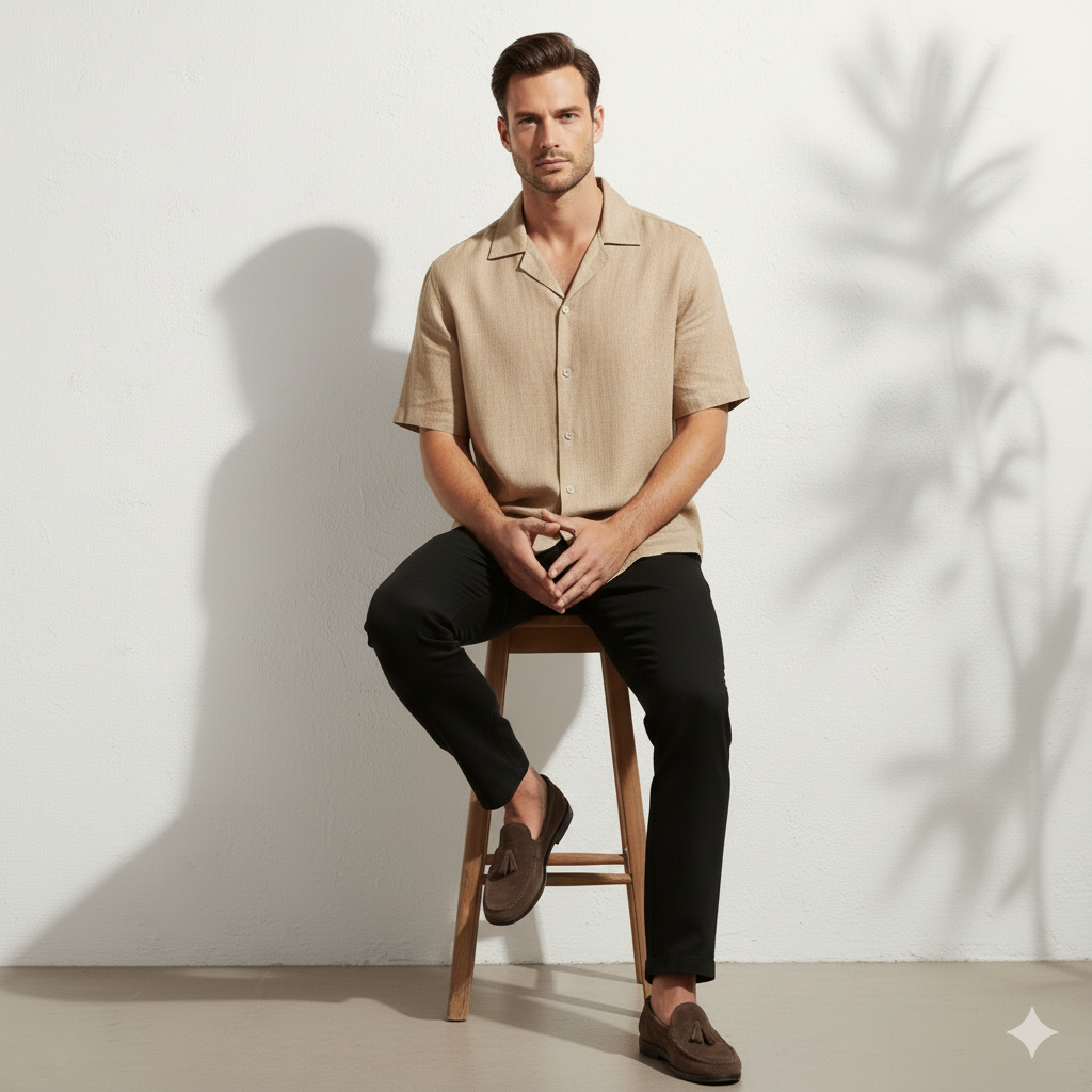 Relaxed Linen Cuban Collar Shirt in Beige