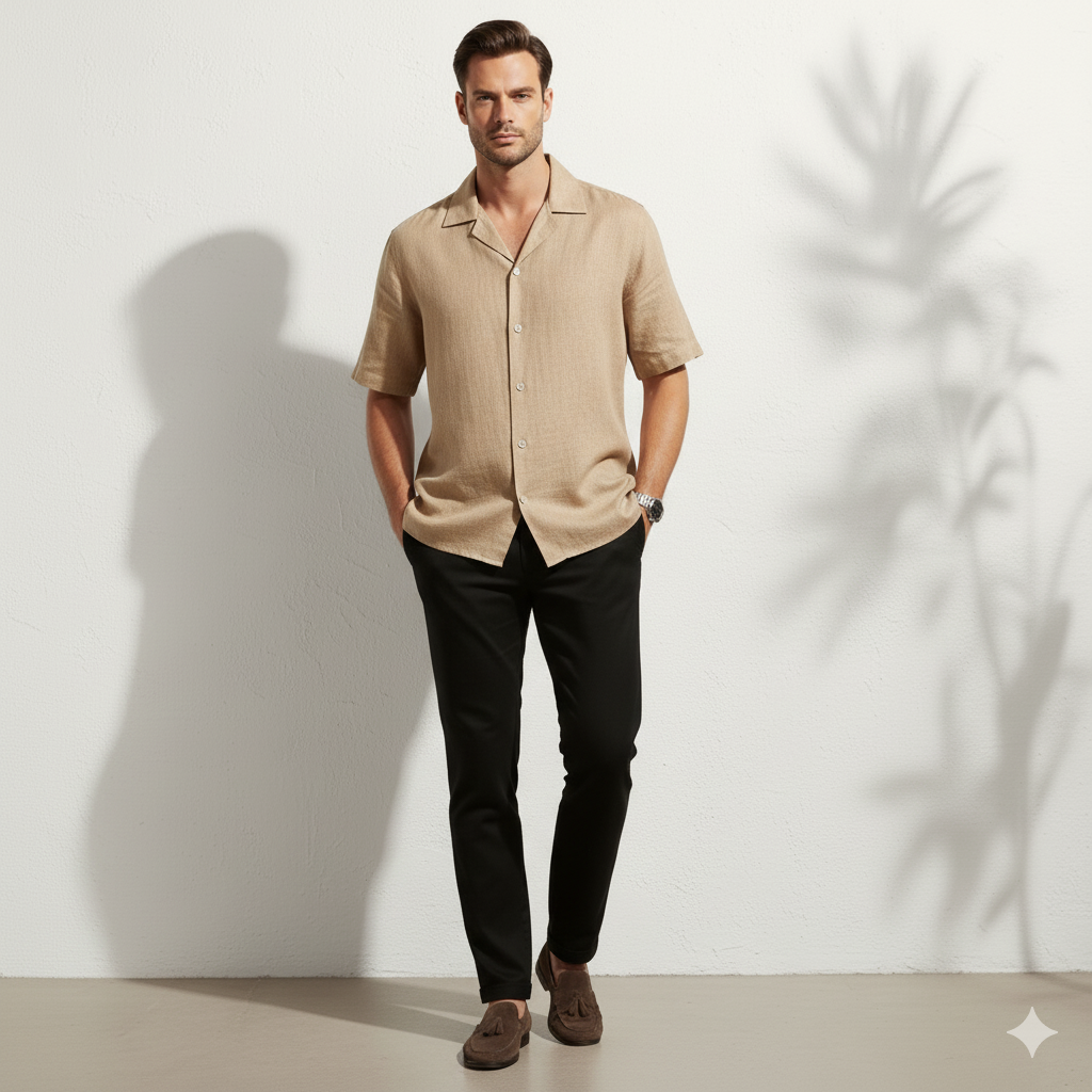 Relaxed Linen Cuban Collar Shirt in Beige