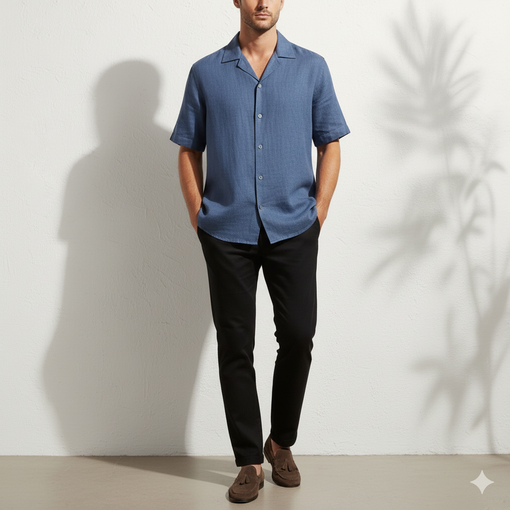 Relaxed Linen Cuban Collar Shirt in Denim Blue