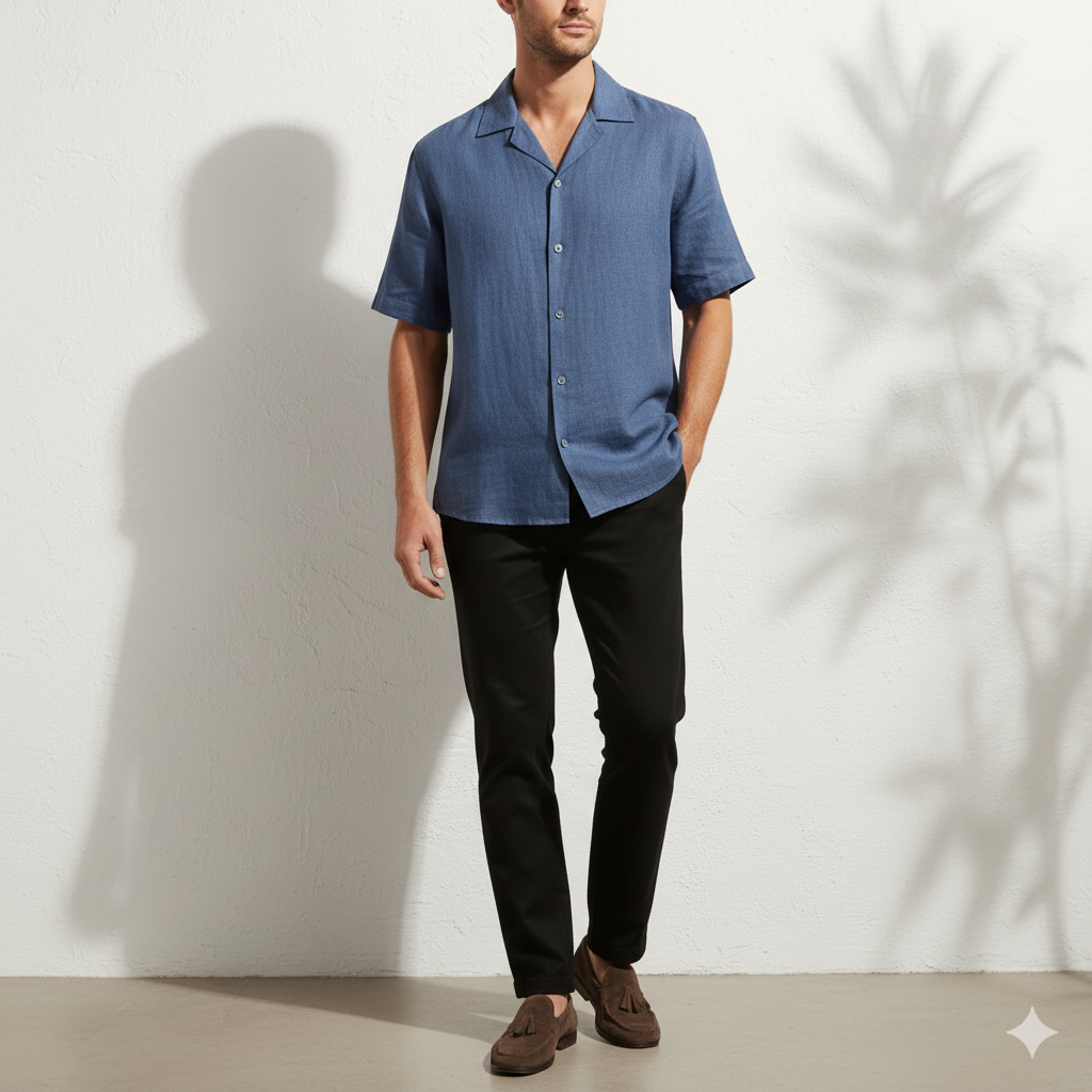 Relaxed Linen Cuban Collar Shirt in Denim Blue
