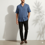 Relaxed Linen Cuban Collar Shirt in Denim Blue