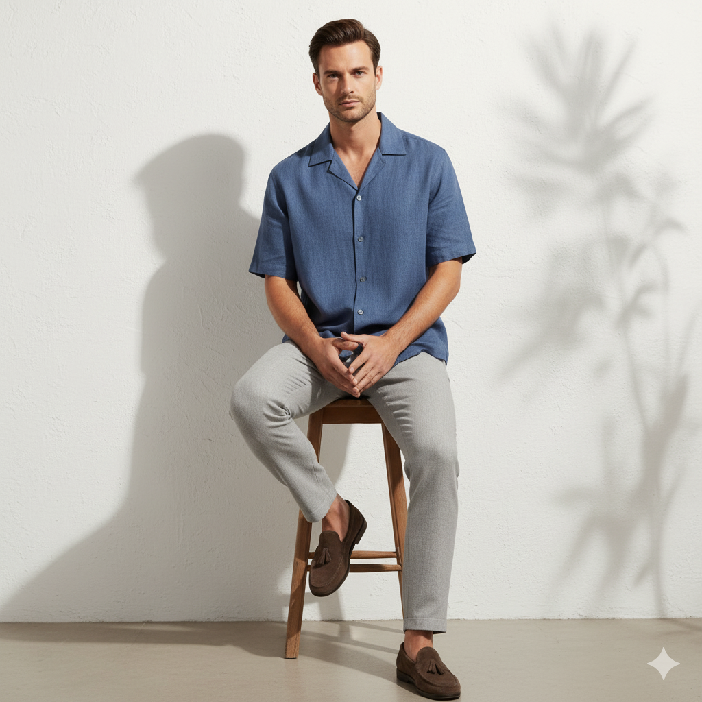 Relaxed Linen Cuban Collar Shirt in Denim Blue