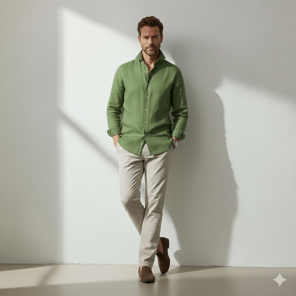 Relaxed Linen Cutaway-Collar Shirt in Kale Green