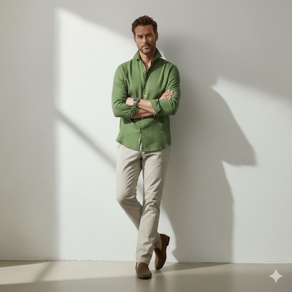 Relaxed Linen Cutaway-Collar Shirt in Kale Green