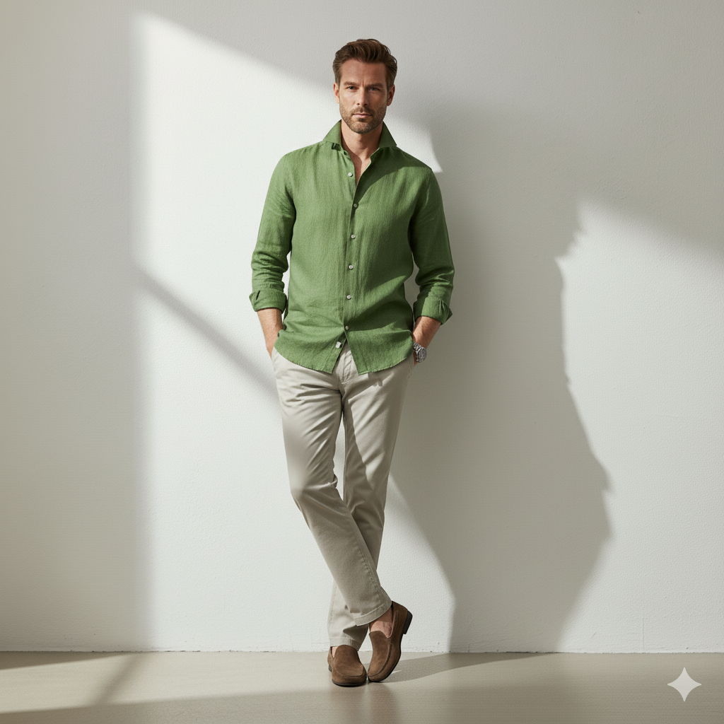 Relaxed Linen Cutaway-Collar Shirt in Kale Green