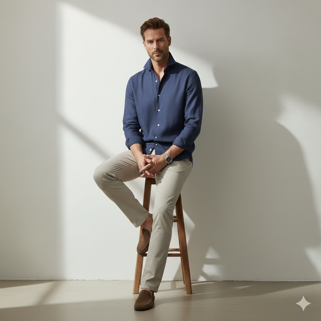 Relaxed Linen Cutaway-Collar Shirt in Navy