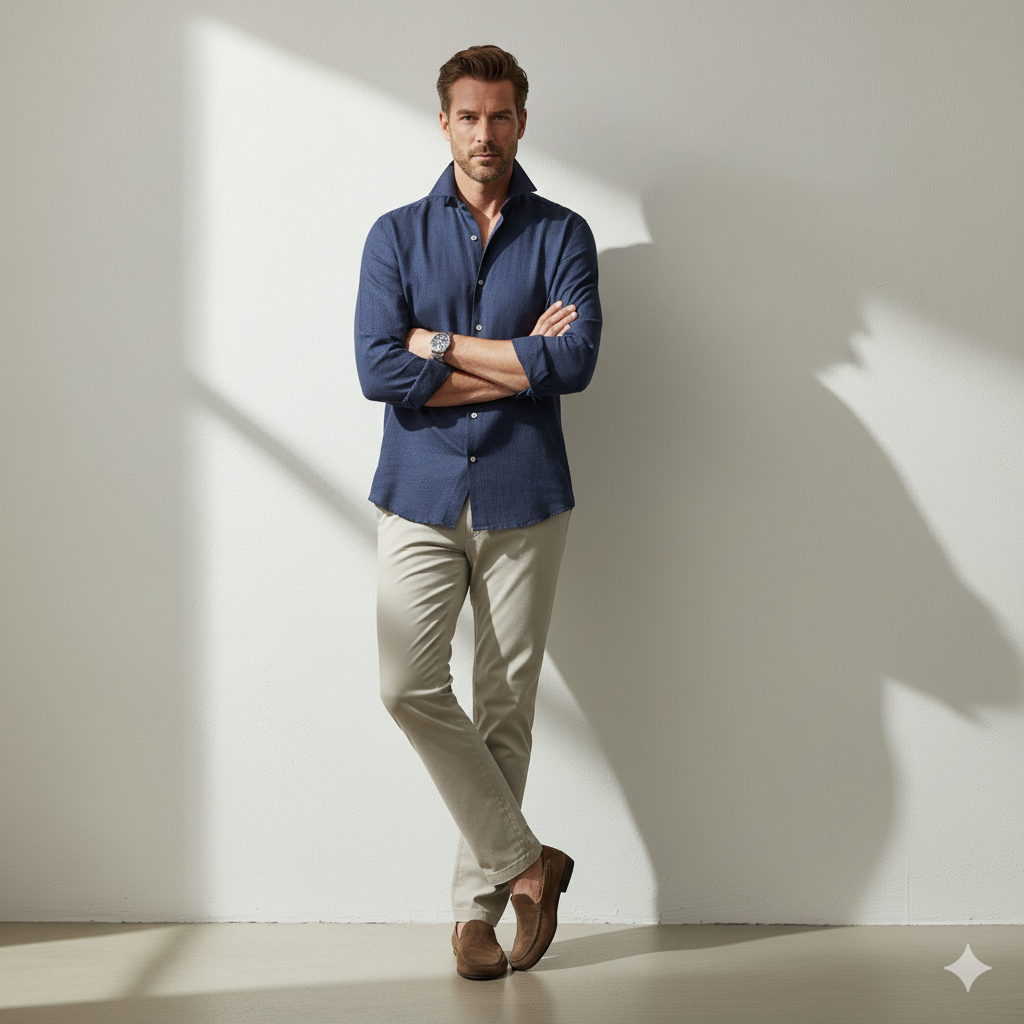 Relaxed Linen Cutaway-Collar Shirt in Navy