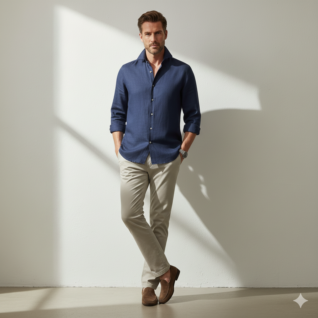 Relaxed Linen Cutaway-Collar Shirt in Navy
