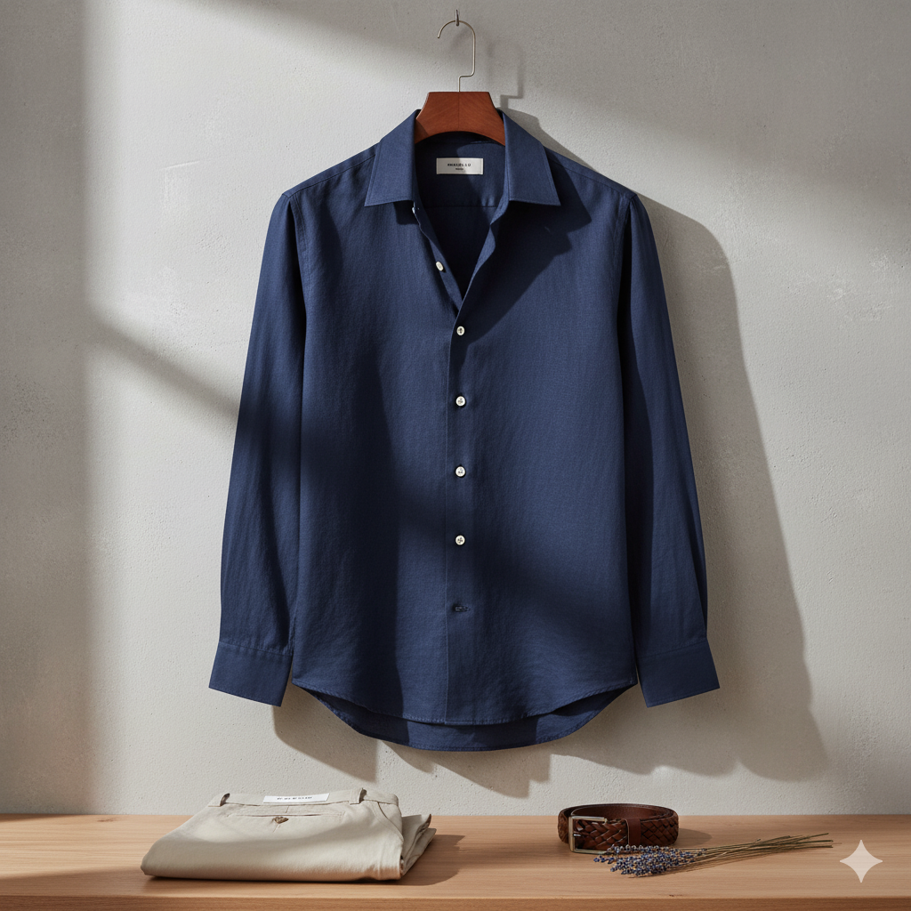 Relaxed Linen Cutaway-Collar Shirt in Navy