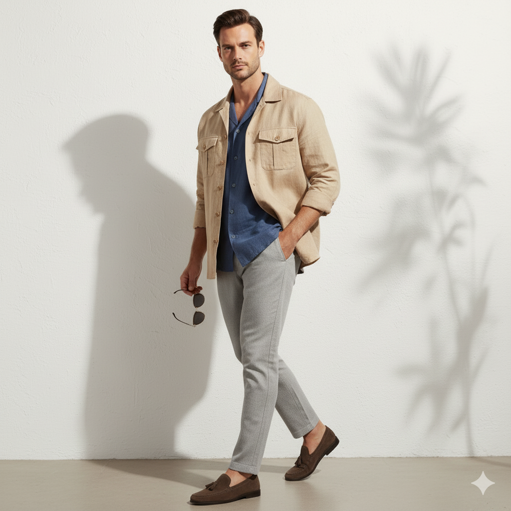 Relaxed Linen Cuban Collar Shirt in Denim Blue