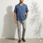 Relaxed Linen Cuban Collar Shirt in Denim Blue