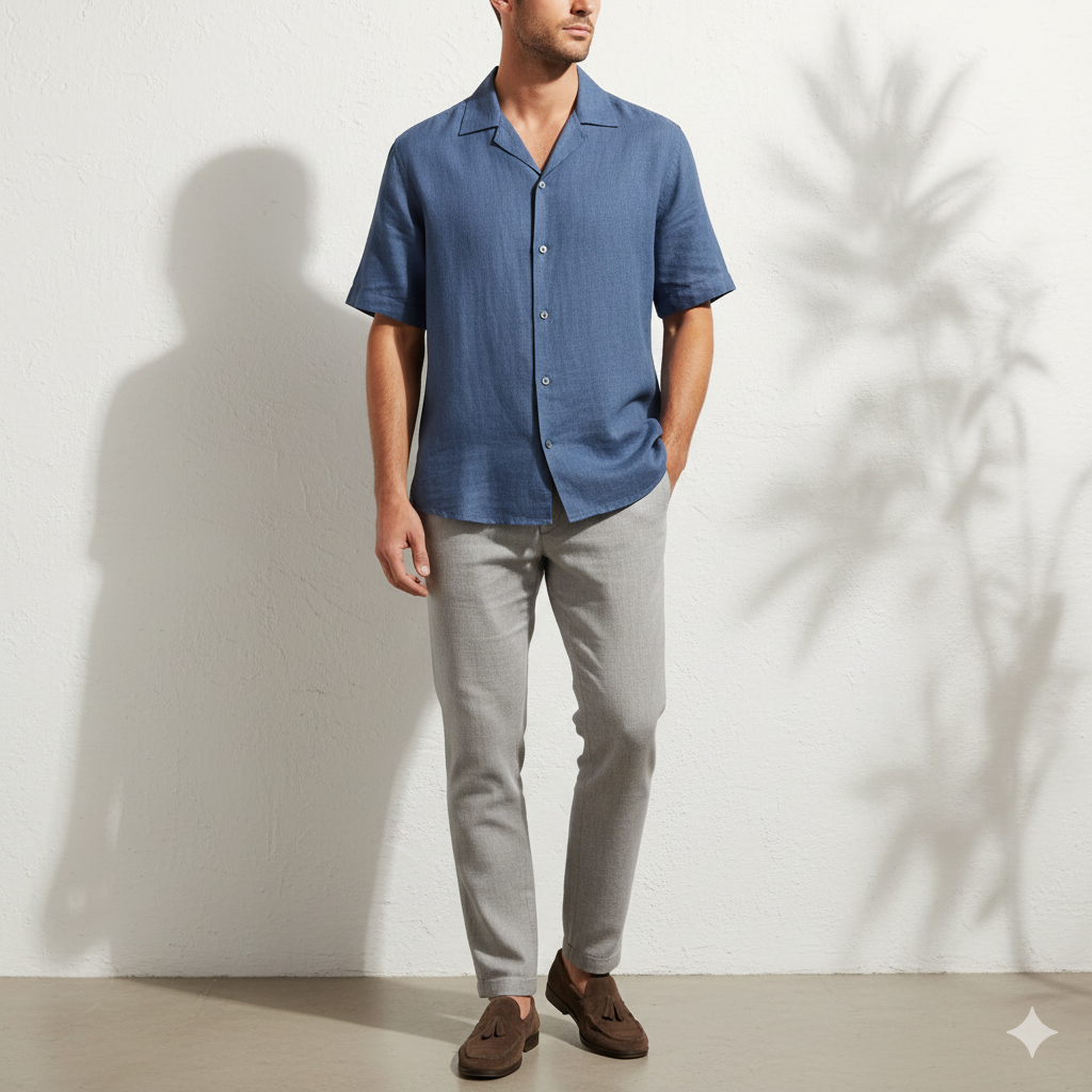 Relaxed Linen Cuban Collar Shirt in Denim Blue